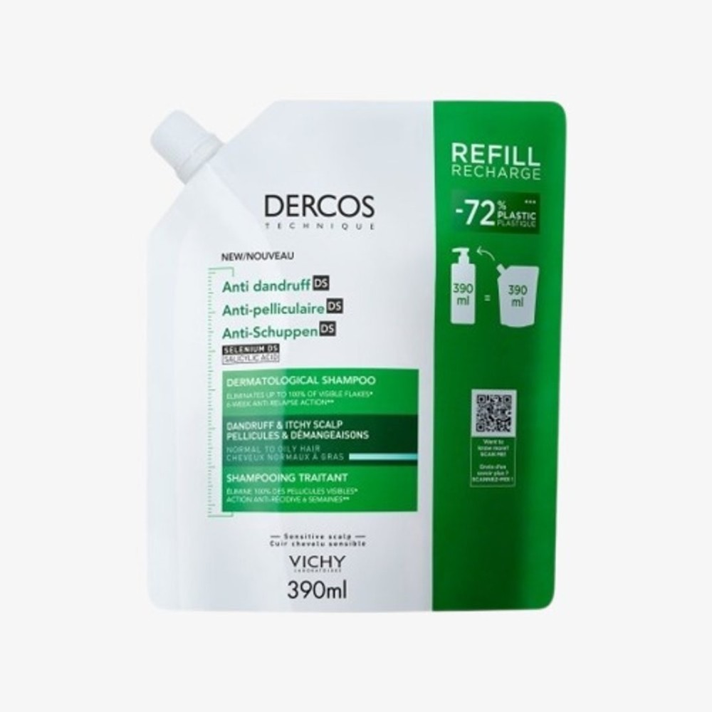 VICHY DERCOS Anti-Pelliculaire DS Eco-Recharge Cheveux Normaux à Gras – 390 ml