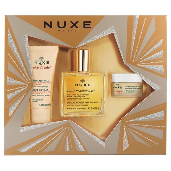 Nuxe Coffret Huile Prodigieuse avec 1 huile 50ml + 1 creme mains 30ml + 1 baume lèvres 15g Nuxe Coffret Huile Prodigieuse avec 1 huile 50ml + 1 creme mains 30ml + 1 baume lèvres 15g