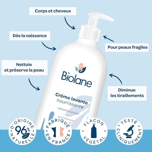 Biolane Crème Lavante Nourrissante Peaux Sèches Corps et Cheveux – 750 ml