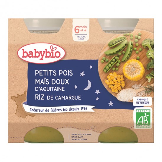 Babybio petits pois maïs doux riz dès 6 mois 2x200g Babybio petits pois maïs doux riz dès 6 mois 2x200g