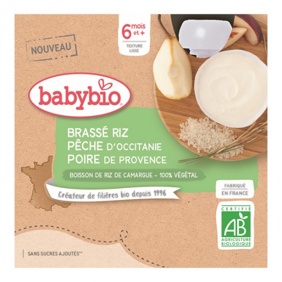 Babybio brassé riz pêche poire dès 6 mois 4 gourdes x 85g Babybio brassé riz pêche poire dès 6 mois 4 gourdes x 85g