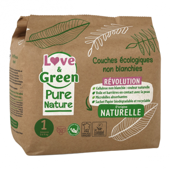 Love & green couches écologique non blanchies taille 1 2-5 kg 32 pièces Love & green couches écologique non blanchies taille 1 2-5 kg 32 pièces